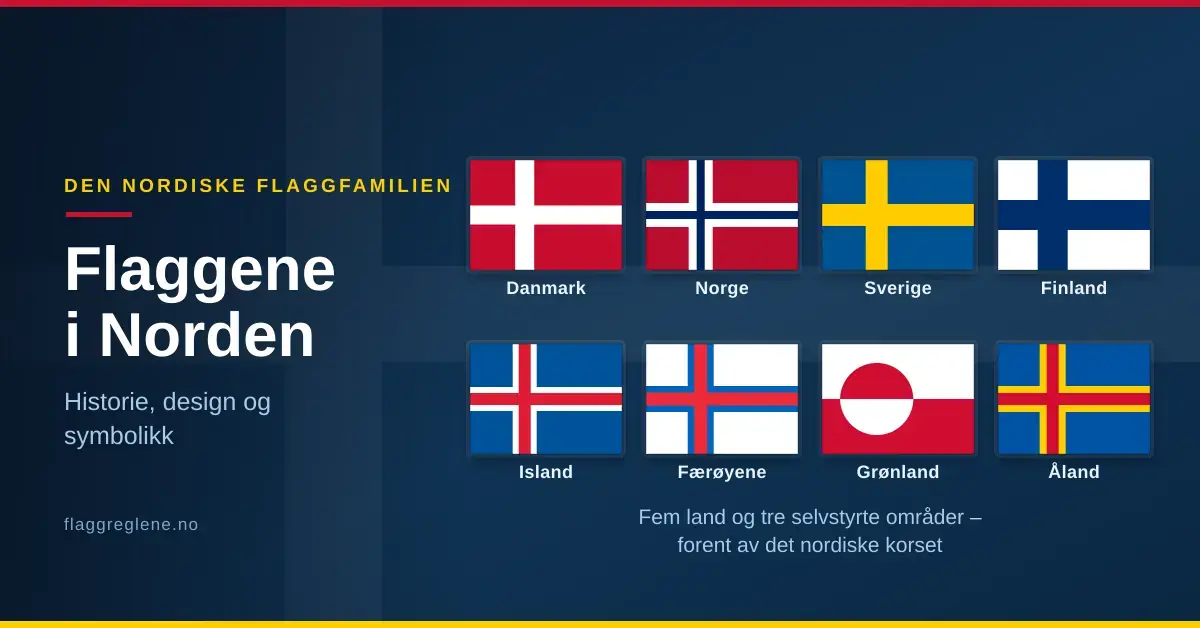 Grafikk med tittelen «Flaggene i Norden» som viser flaggene til Danmark, Norge, Sverige, Finland, Island, Færøyene, Grønland og Åland på mørkeblå bakgrunn.
