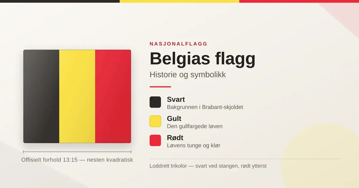 Grafikk med Belgias flagg som loddrett trikolor i svart, gult og rødt, ved siden av tittelen «Belgias flagg – historie og symbolikk» og en fargeforklaring med det offisielle forholdet 13:15.
