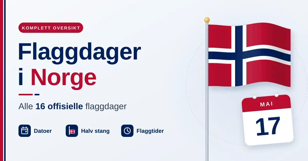 Illustrasjon av et vaiende norsk flagg på flaggstang og en kalender som viser 17. mai, ved siden av teksten «Flaggdager i Norge – alle 16 offisielle flaggdager».