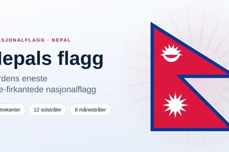 Nepals flagg, verdens eneste ikke-firkantede nasjonalflagg, med to stablede karmosinrøde trekanter, blå kant og hvit måne og sol.