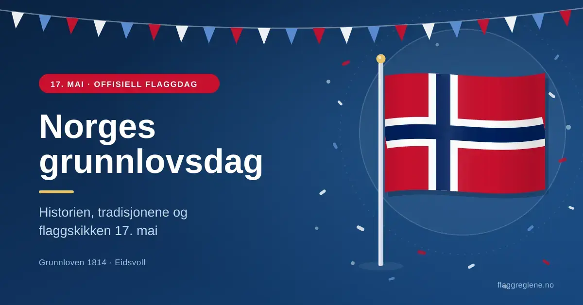 Illustrasjon for 17. mai med det norske flagget på flaggstang, vimpelrekke og teksten «Norges grunnlovsdag – historien, tradisjonene og flaggskikken 17. mai».