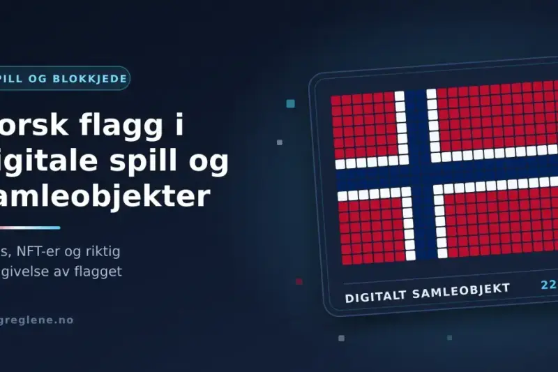 Pikselert norsk flagg vist som et digitalt samlekort, med teksten «Norsk flagg i digitale spill og samleobjekter».