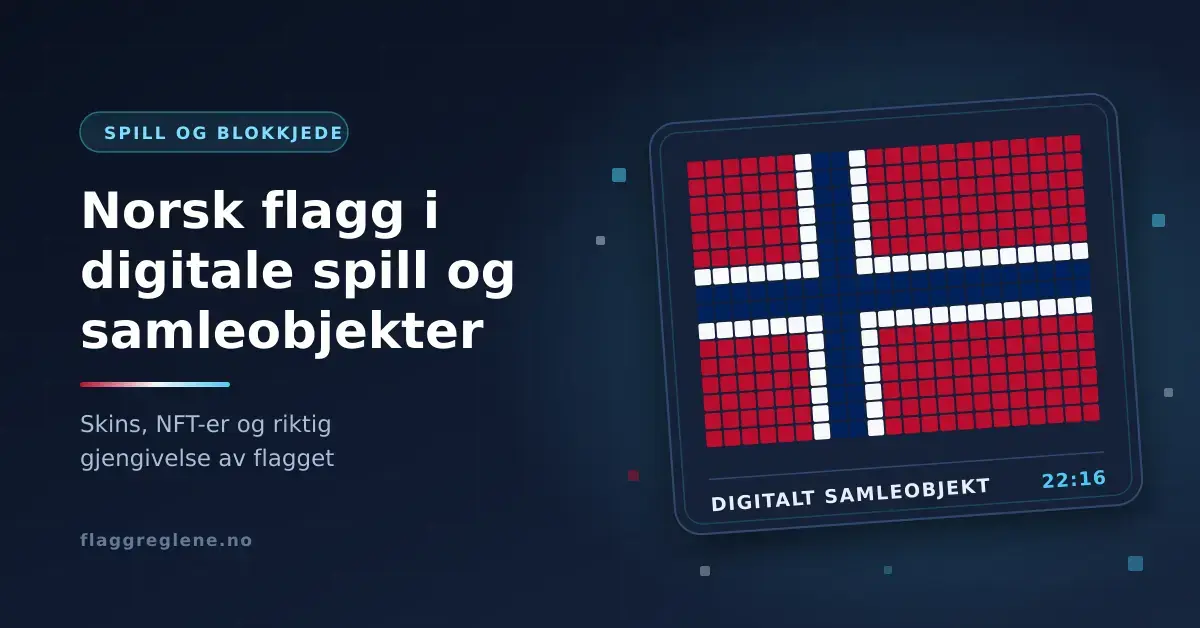 Pikselert norsk flagg vist som et digitalt samlekort, med teksten «Norsk flagg i digitale spill og samleobjekter».
