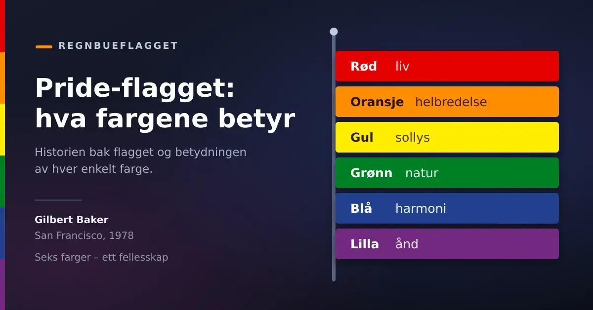 Grafikk med tittelen «Pride-flagget: hva fargene betyr», der regnbueflaggets seks farger vises som striper på en flaggstang med hver sin betydning: rød for liv, oransje for helbredelse, gul for sollys, grønn for natur, blå for harmoni og lilla for ånd.