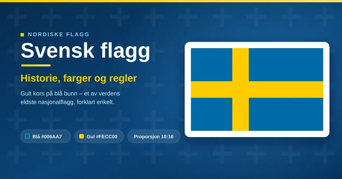 Det svenske flagget med gult skandinavisk kors på blå bunn, ved siden av tittelen «Svensk flagg – historie, farger og regler» og fargekodene #006AA7 og #FECC00.