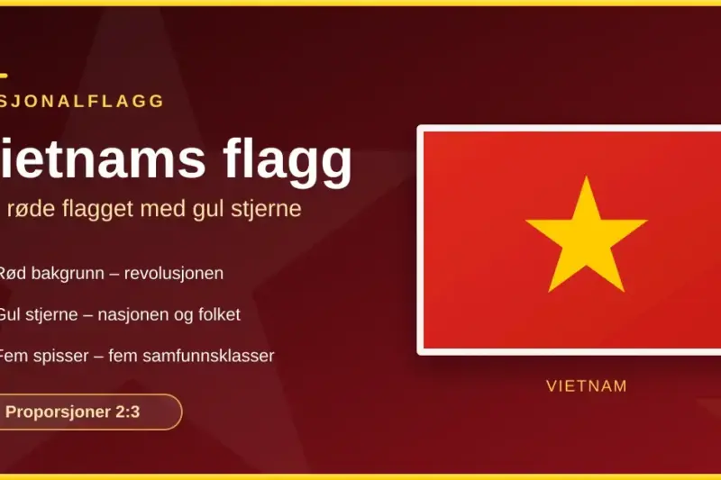 Grafikk med Vietnams flagg – rød bakgrunn med en stor gul femspisset stjerne – ved siden av teksten «Vietnams flagg: det røde flagget med gul stjerne» og en kort forklaring av fargenes symbolikk og proporsjonene 2:3.