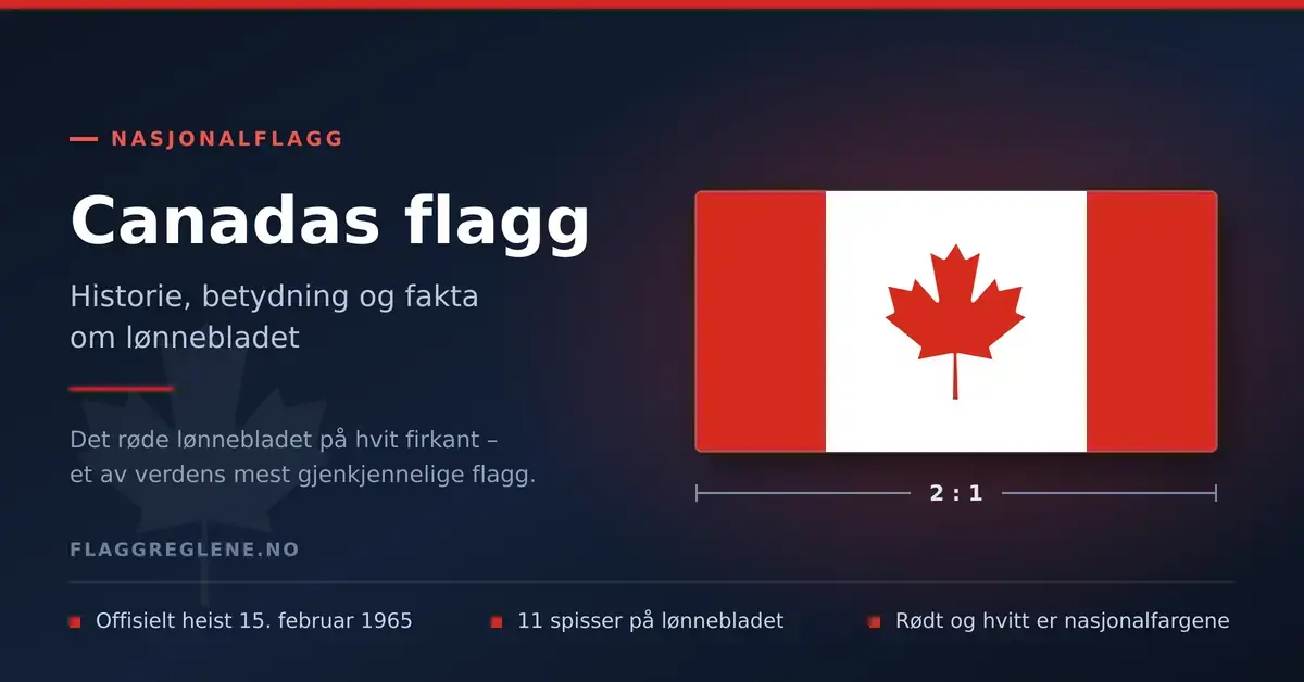 Canadas flagg med det røde lønnebladet på hvit firkant mellom to røde felt, vist med forholdet 2:1 og fakta om flagget.
