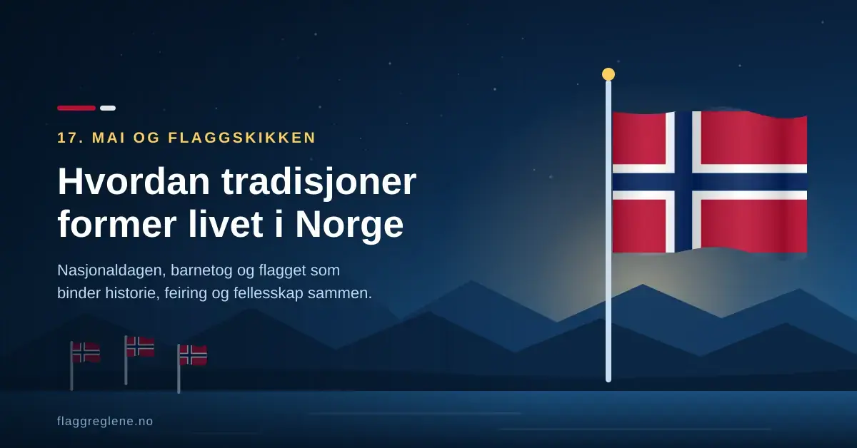 Illustrasjon av det norske flagget som vaier på en flaggstang over fjell og fjord, med små håndflagg og tittelen «Hvordan tradisjoner former livet i Norge».