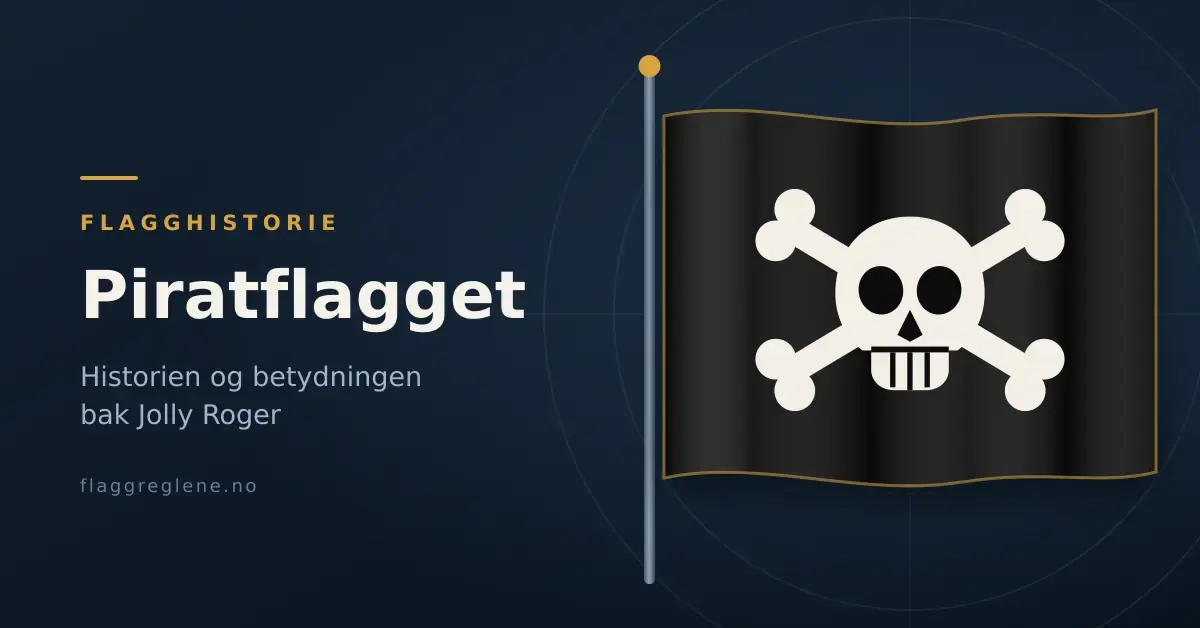 Illustrasjon av et svart piratflagg med hvit hodeskalle og korslagte knokler på en flaggstang, ved siden av teksten «Piratflagget – historien og betydningen bak Jolly Roger».