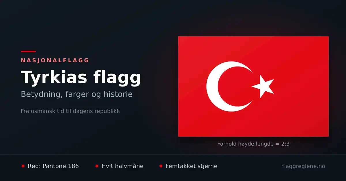 Grafikk med Tyrkias flagg – rød bunn med hvit halvmåne og femtakket stjerne – ved siden av tittelen «Tyrkias flagg: betydning, farger og historie».