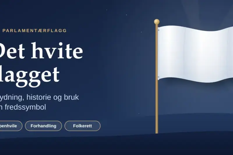 Illustrasjon av et hvitt flagg som vaier på en flaggstang mot en mørkeblå himmel med mykt lys, ved siden av teksten «Det hvite flagget – betydning, historie og bruk som fredssymbol».