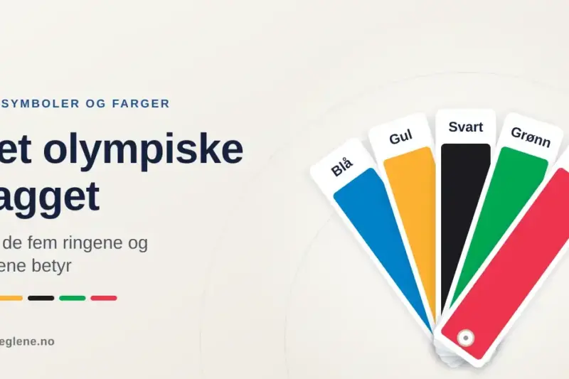 Illustrasjon med teksten «Det olympiske flagget – hva de fem ringene og fargene betyr» ved siden av en vifte av fargekort i blått, gult, svart, grønt og rødt.