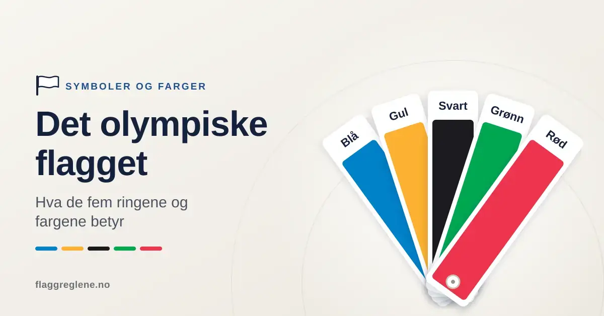 Illustrasjon med teksten «Det olympiske flagget – hva de fem ringene og fargene betyr» ved siden av en vifte av fargekort i blått, gult, svart, grønt og rødt.