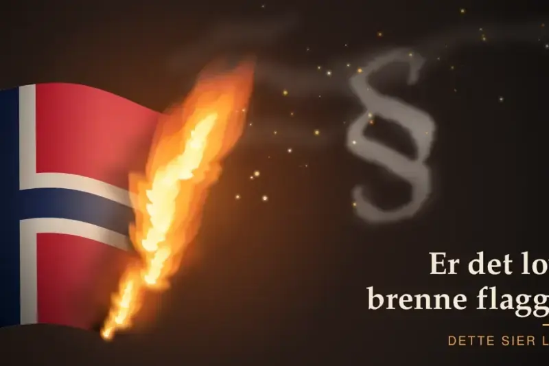 Illustrasjon av et norsk flagg som brenner i den ene enden mot en mørk bakgrunn, der røyken stiger opp og danner et paragraftegn ved siden av teksten «Er det lov å brenne flagget? Dette sier loven».