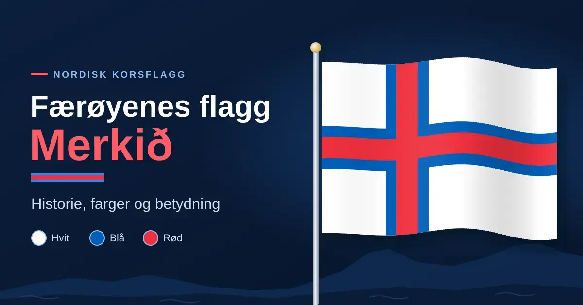 Illustrasjon av Færøyenes flagg, Merkið, med rødt kors med blå kant på hvit bunn som vaier på en flaggstang foran mørkeblå himmel og øysilhuetter, ved siden av teksten «Færøyenes flagg – Merkið: historie, farger og betydning».