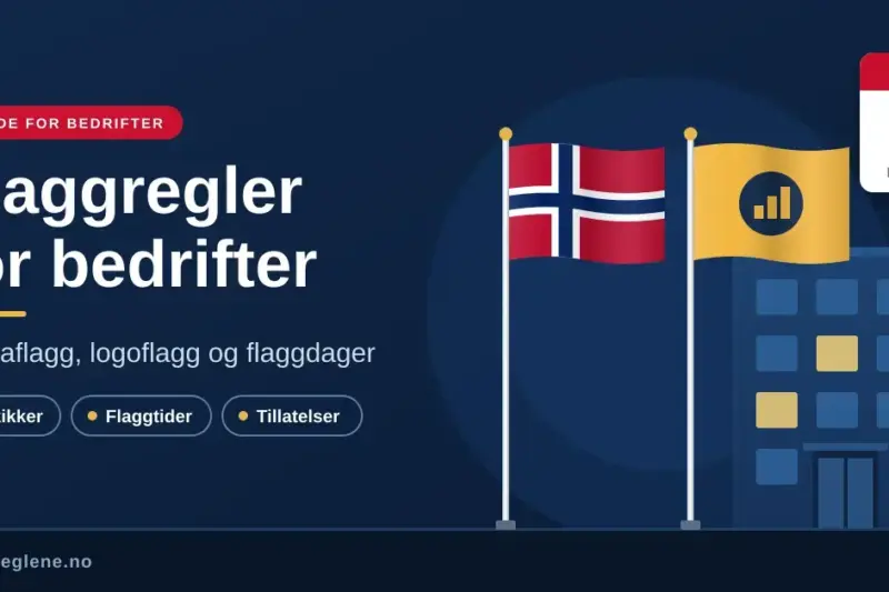 Illustrasjon av et norsk flagg og et firmaflagg med logo på flaggstenger foran et kontorbygg, med et reklameflagg, en kalender som viser flaggdagen 17. mai og teksten «Flaggregler for bedrifter».