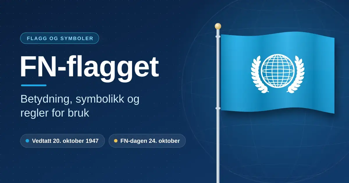 Illustrasjon av et lyseblått FN-flagg med hvit globus omkranset av olivengrener på en flaggstang, ved siden av teksten «FN-flagget: Betydning, symbolikk og regler for bruk».
