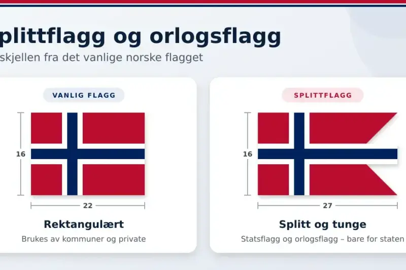 Illustrasjon som sammenligner det vanlige rektangulære norske flagget i forholdet 16:22 med splittflagget med splitt og tunge i forholdet 16:27, som brukes som statsflagg og orlogsflagg.